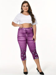 Butterfly & Denim Print Clam Digger Skinny Leggings Women's Plus