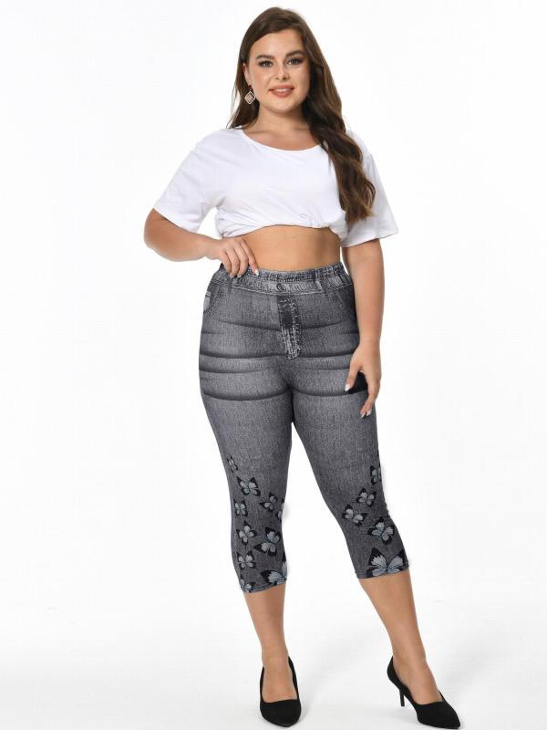 Butterfly & Denim Print Clam Digger Skinny Leggings Women's Plus