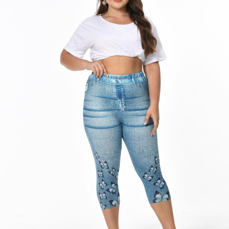 Butterfly & Denim Print Clam Digger Skinny Leggings Women's Plus