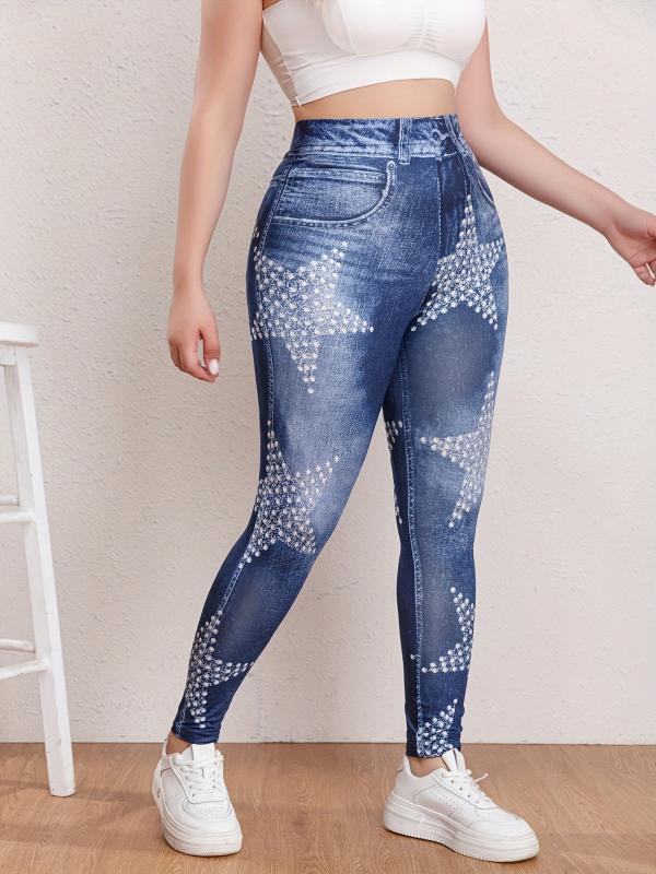 Women's Plus Star & Denim Print High Rise Leggings