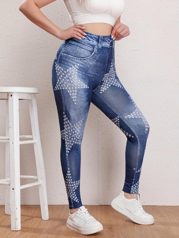Women's Plus Star & Denim Print High Rise Leggings