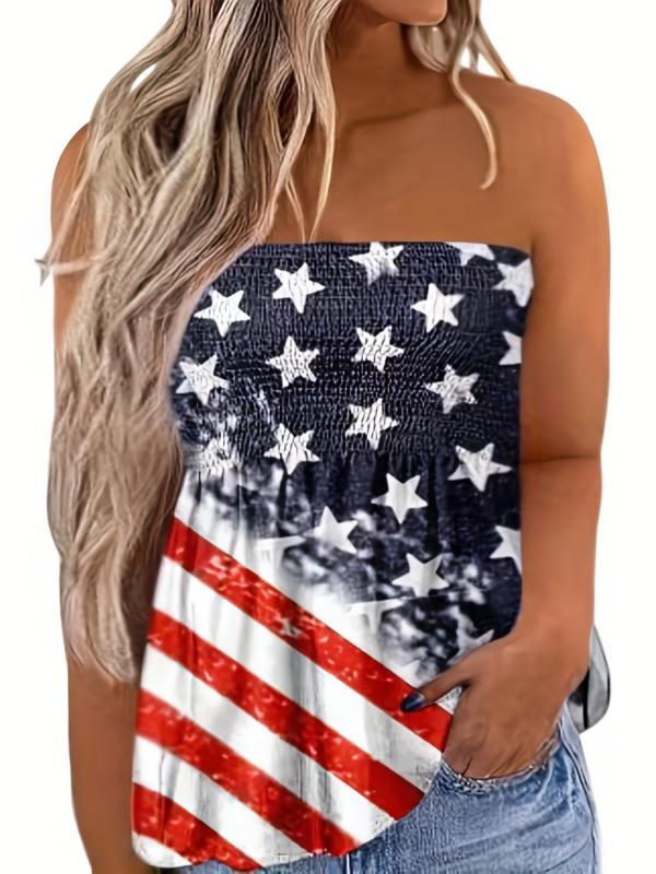 Independence Casual Tube Top Plus Size Women's Stripe & Star Print Strapless Top