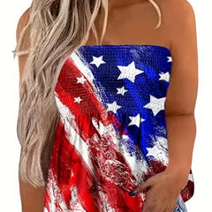 Independence Casual Tube Top Plus Size Women's Stripe & Star Print Strapless Top