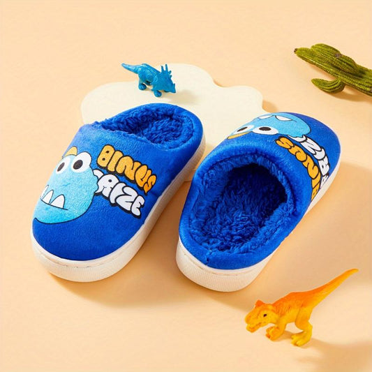 Dino Fleece House Shoes For Boys Non Slip Soft Bottom Walking Shoes
