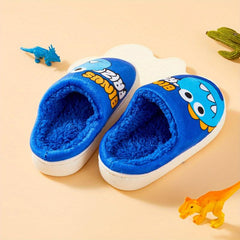 Dino Fleece House Shoes For Boys Non Slip Soft Bottom Walking Shoes