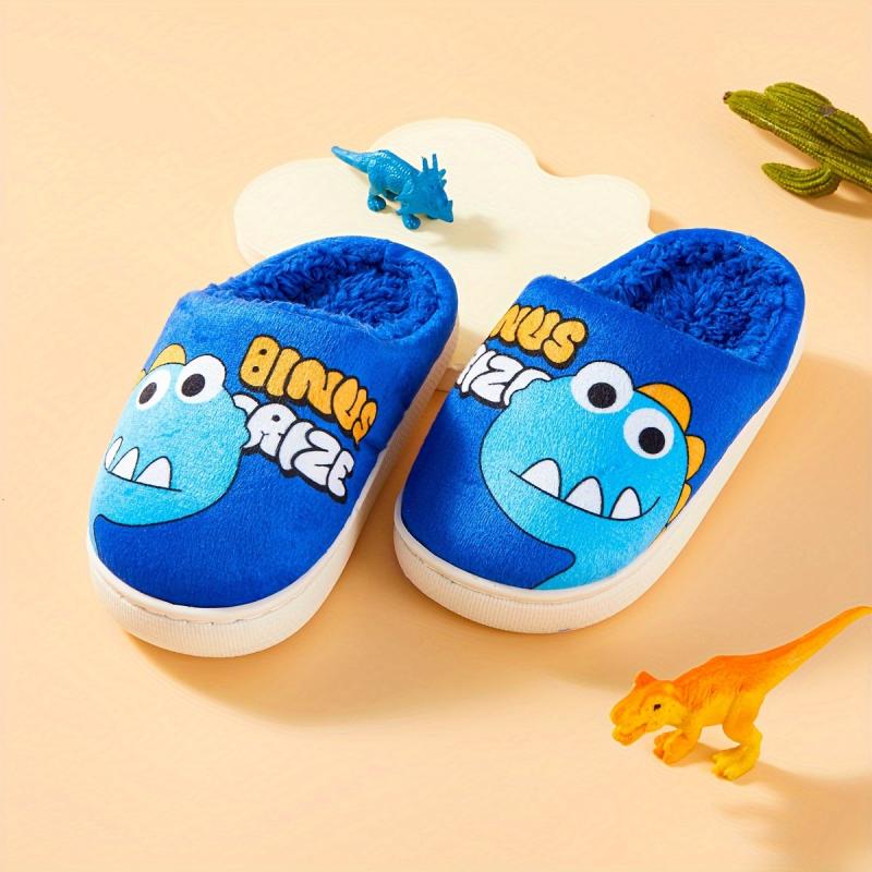 Dino Fleece House Shoes For Boys Non Slip Soft Bottom Walking Shoes