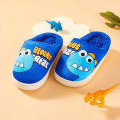 Dino Fleece House Shoes For Boys Non Slip Soft Bottom Walking Shoes