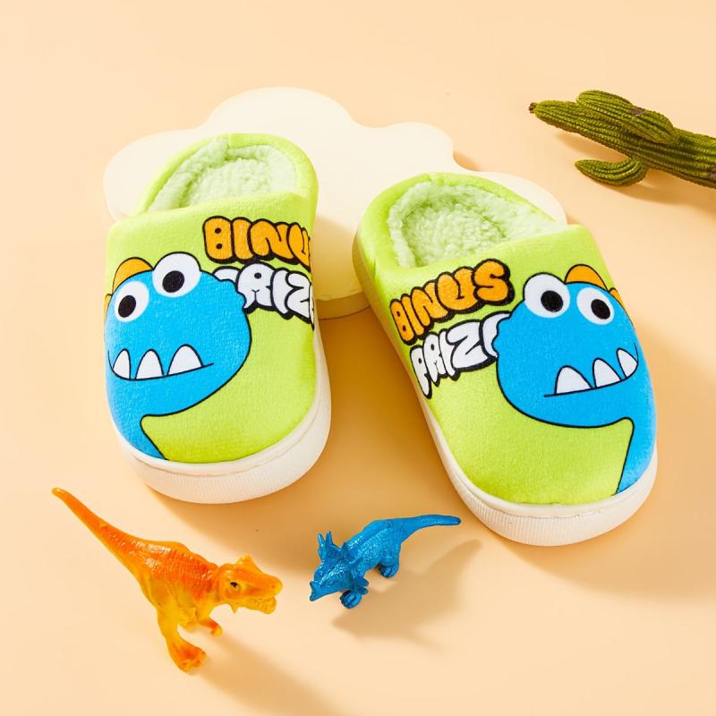 Dino Fleece House Shoes For Boys Non Slip Soft Bottom Walking Shoes