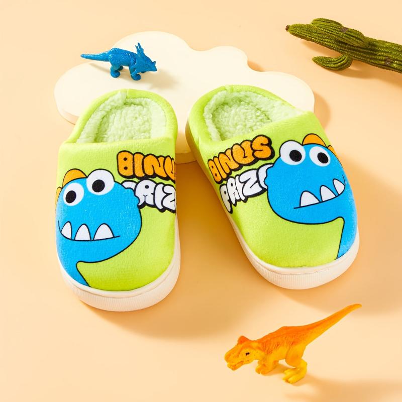 Dino Fleece House Shoes For Boys Non Slip Soft Bottom Walking Shoes