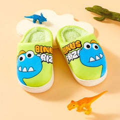 Dino Fleece House Shoes For Boys Non Slip Soft Bottom Walking Shoes
