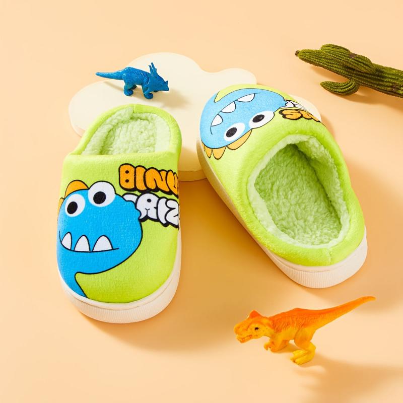 Dino Fleece House Shoes For Boys Non Slip Soft Bottom Walking Shoes