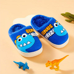 Dino Fleece House Shoes For Boys Non Slip Soft Bottom Walking Shoes