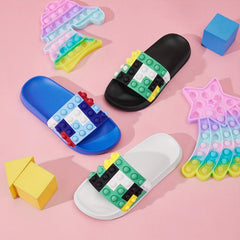 Funny Grid Blocks Slippers For Boys And Girls Lightweight Open Toe Slippers