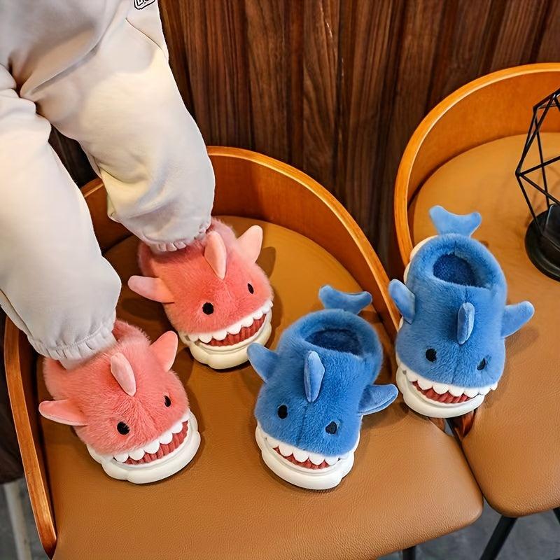 Girls' Cartoon Shark Furry House Shoes, Non-Slip Soft Bottom