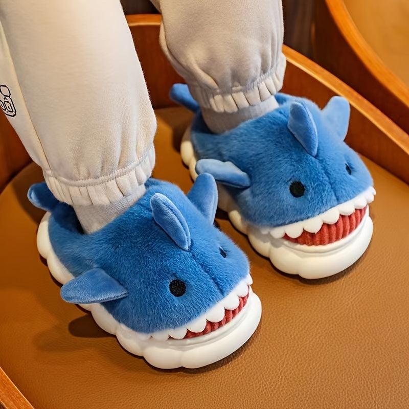 Girls' Cartoon Shark Furry House Shoes, Non-Slip Soft Bottom