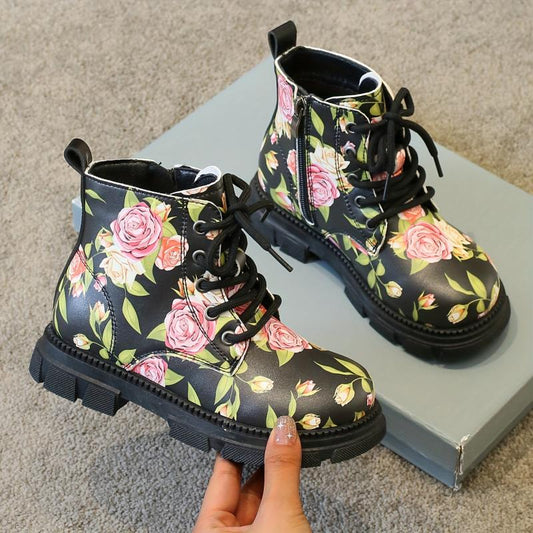 Girls Flower Print Lace Up Boots, Non Slip & Comfortable