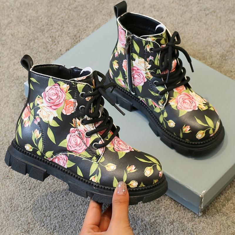 Girls Flower Print Lace Up Boots, Non Slip & Comfortable