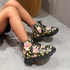 Girls Flower Print Lace Up Boots, Non Slip & Comfortable