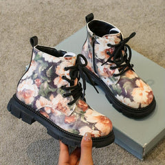 Girls Flower Print Lace Up Boots, Non Slip & Comfortable