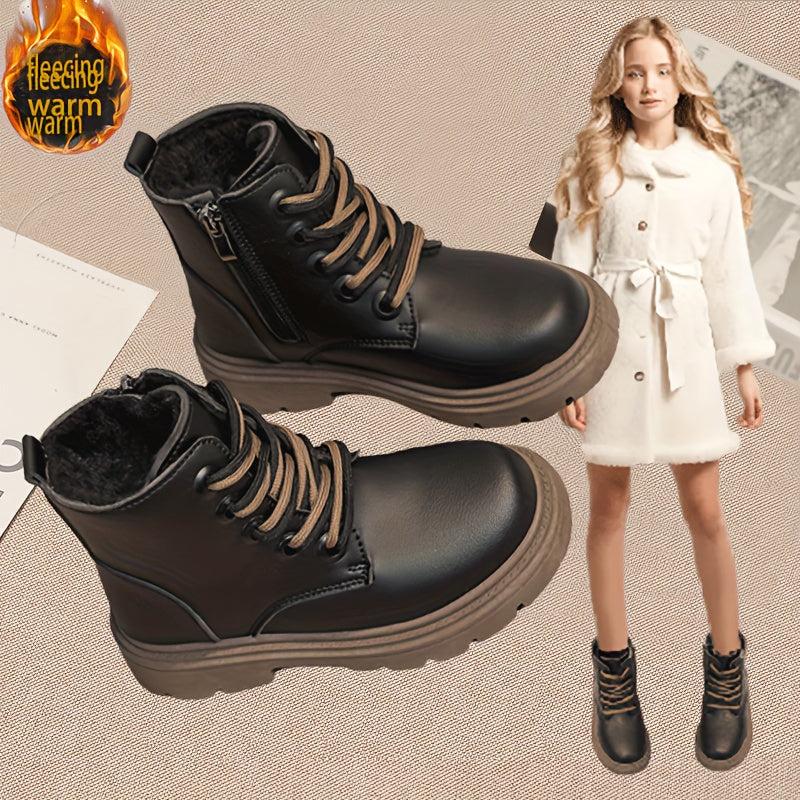 Vintage Ankle Boots for Girls Plush Lining Rubber Sole Easy Zipper Winter
