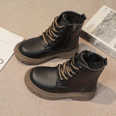 Vintage Ankle Boots for Girls Plush Lining Rubber Sole Easy Zipper Winter