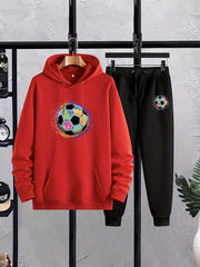Men's Soccer Print Hooded Sweatshirt Set Spring Fall Outdoor Sports Outfits