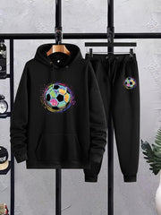 Men's Soccer Print Hooded Sweatshirt Set Spring Fall Outdoor Sports Outfits