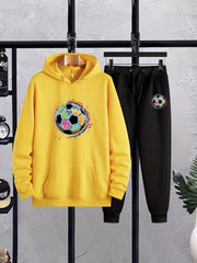 Men's Soccer Print Hooded Sweatshirt Set Spring Fall Outdoor Sports Outfits