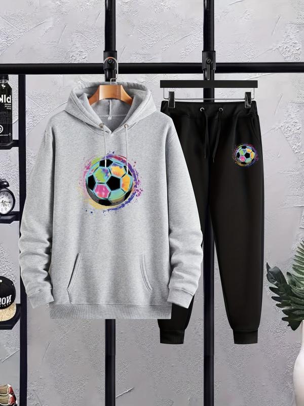 Men's Soccer Print Hooded Sweatshirt Set Spring Fall Outdoor Sports Outfits