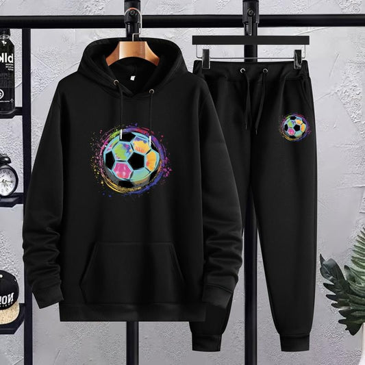 Men's Soccer Print Hooded Sweatshirt Set Spring Fall Outdoor Sports Outfits