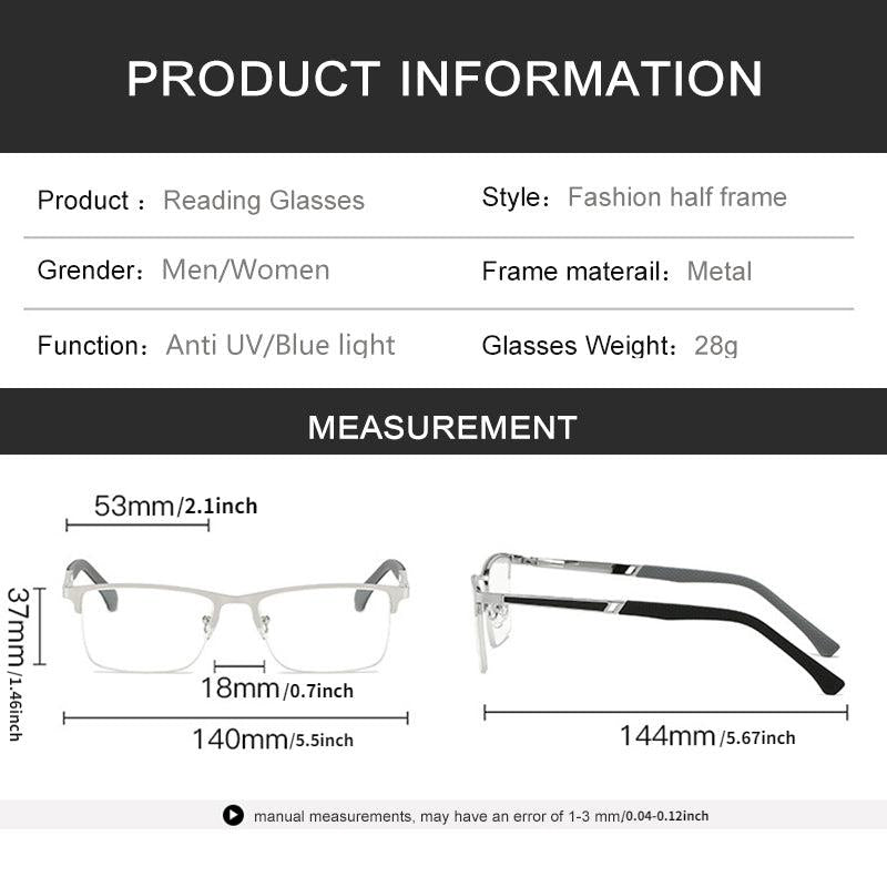 Men's Business Reading Glasses Half Rim Light Blocking High Metal Frame Eyewear
