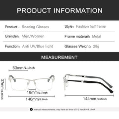 Men's Business Reading Glasses Half Rim Light Blocking High Metal Frame Eyewear