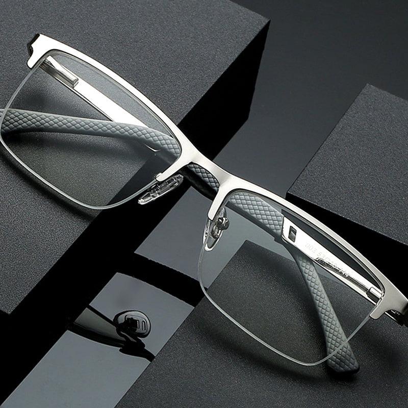 Men's Business Reading Glasses Half Rim Light Blocking High Metal Frame Eyewear