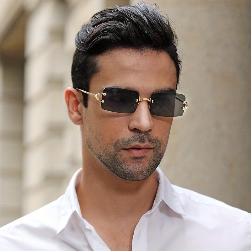 Rectangle Metal Sunglasses Men Vintage Square Shades Case Cloth