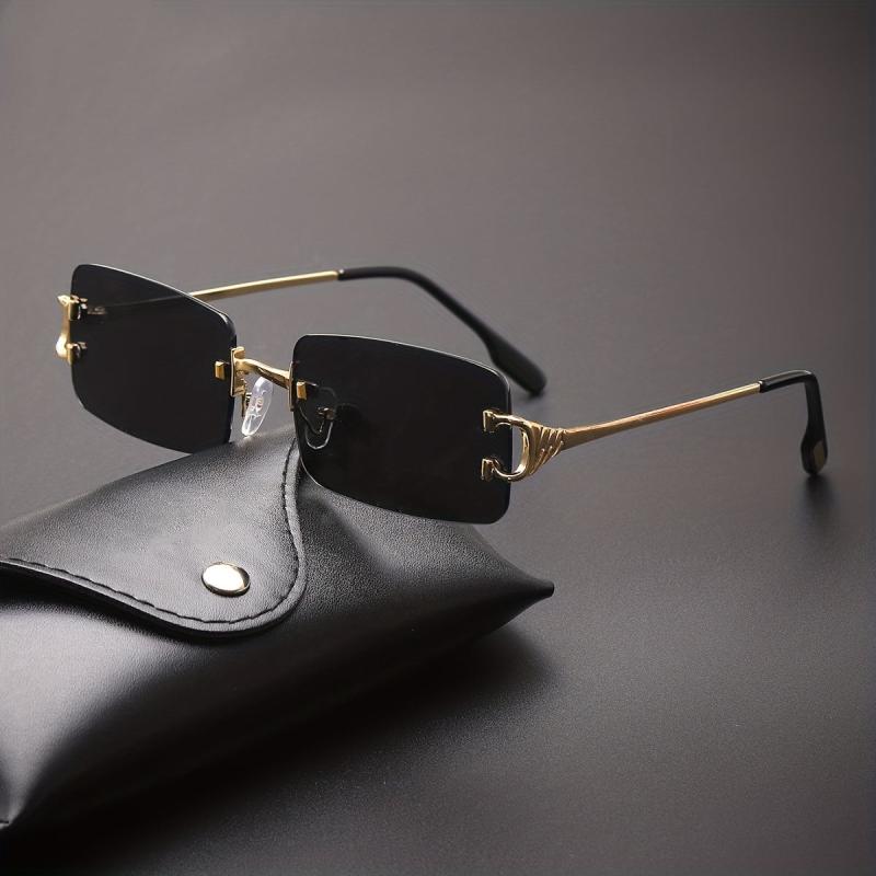 Rectangle Metal Sunglasses Men Vintage Square Shades Case Cloth