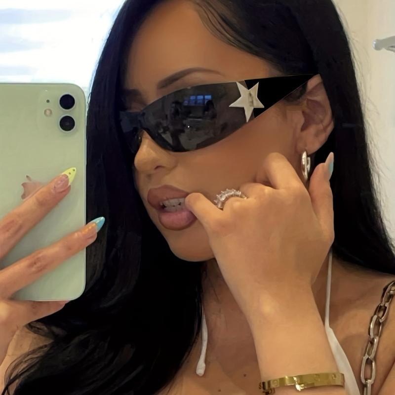 Rimless Y2K Sunglasses Wrap Around One piece Star Shades UV400