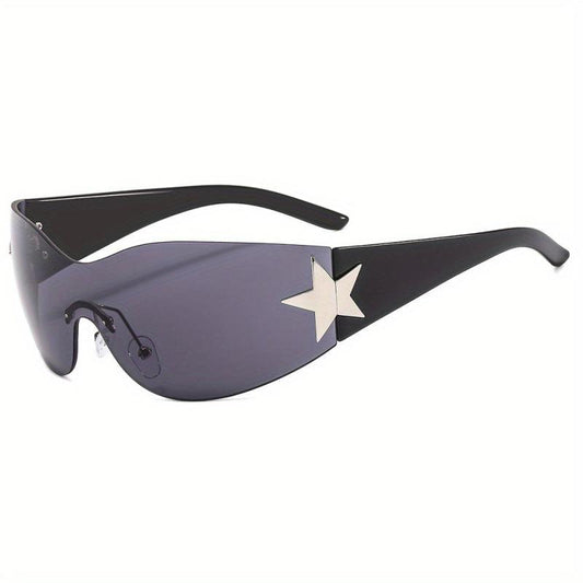 Rimless Y2K Sunglasses Wrap Around One piece Star Shades UV400