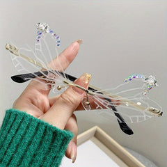 Y2K Dragonfly Wings Sunglasses Rhinestone Rimless Metal UV400