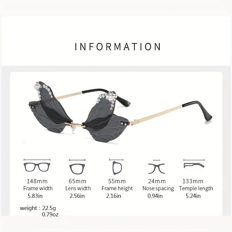 Y2K Dragonfly Wings Sunglasses Rhinestone Rimless Metal UV400