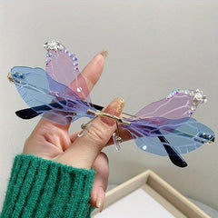 Y2K Dragonfly Wings Sunglasses Rhinestone Rimless Metal UV400