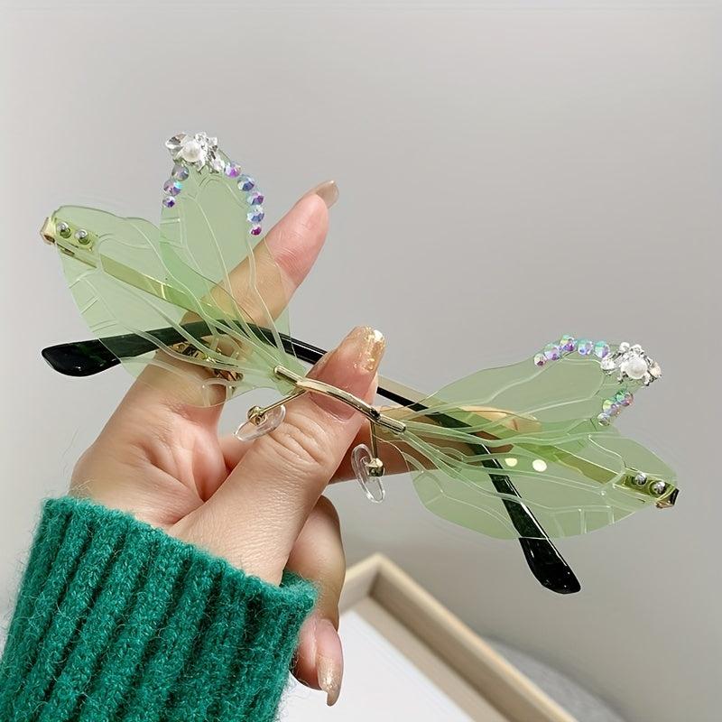 Y2K Dragonfly Wings Sunglasses Rhinestone Rimless Metal UV400
