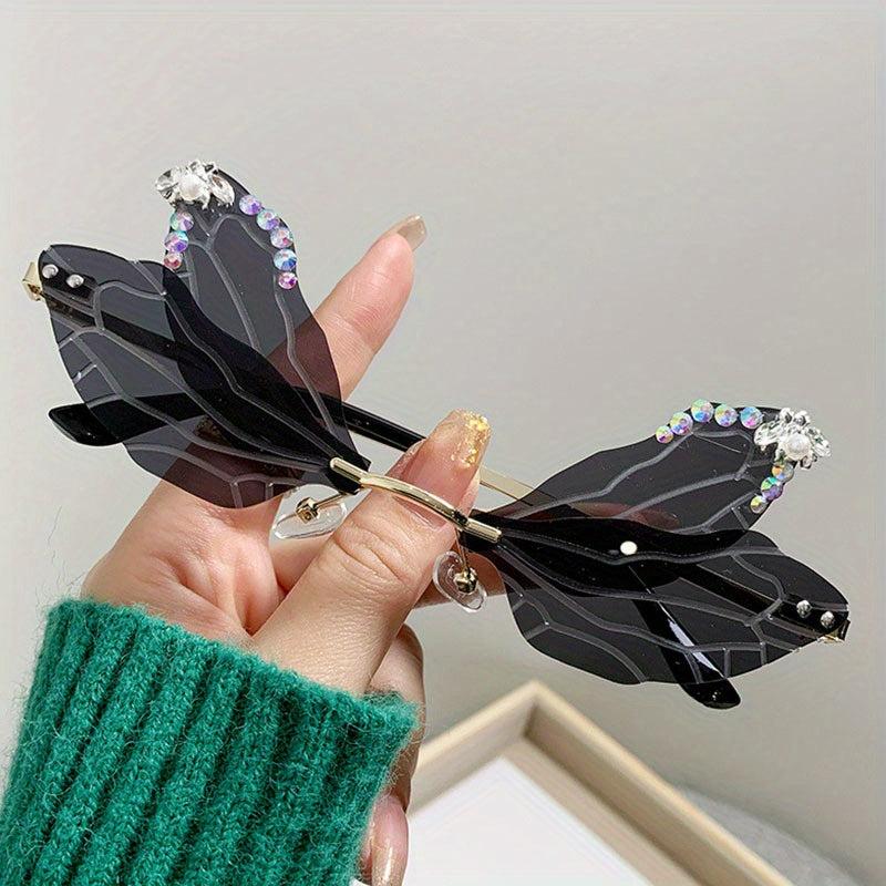 Y2K Dragonfly Wings Sunglasses Rhinestone Rimless Metal UV400