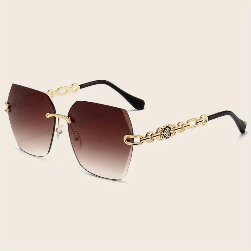 Oversized Rimless Sunglasses Gradient Lens Flower Decor UV400