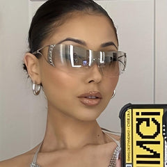 Rimless Wrap Around Sunglasses Y2K Futuristic Shield Glasses