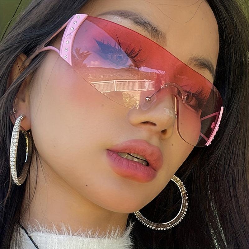 Rimless Wrap Around Sunglasses Y2K Futuristic Shield Glasses
