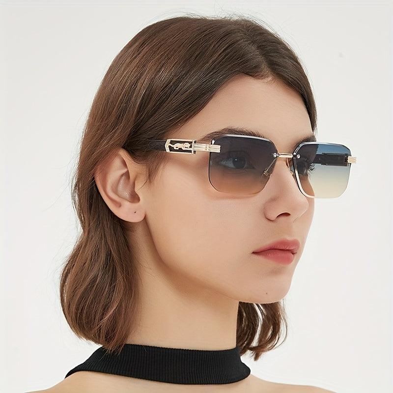 Gradient Lens Rimless Sunglasses Metal Leopard Engraved Temple Glasses UV400