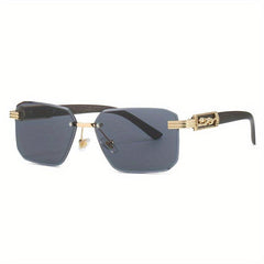 Gradient Lens Rimless Sunglasses Metal Leopard Engraved Temple Glasses UV400