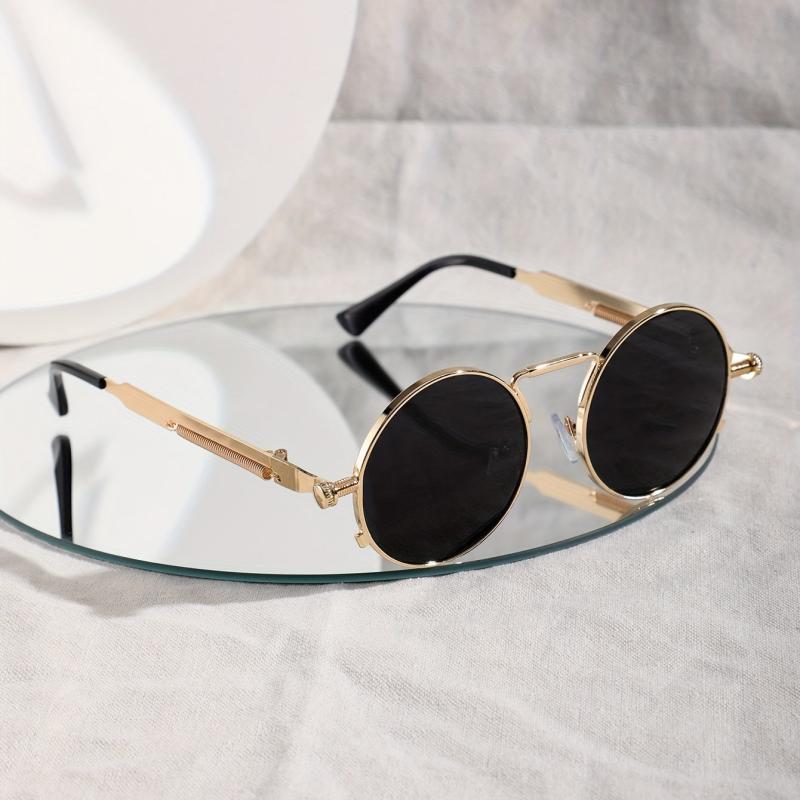 Y2K Steampunk Sunglasses Round Metal Spring Temple Glasses UV400