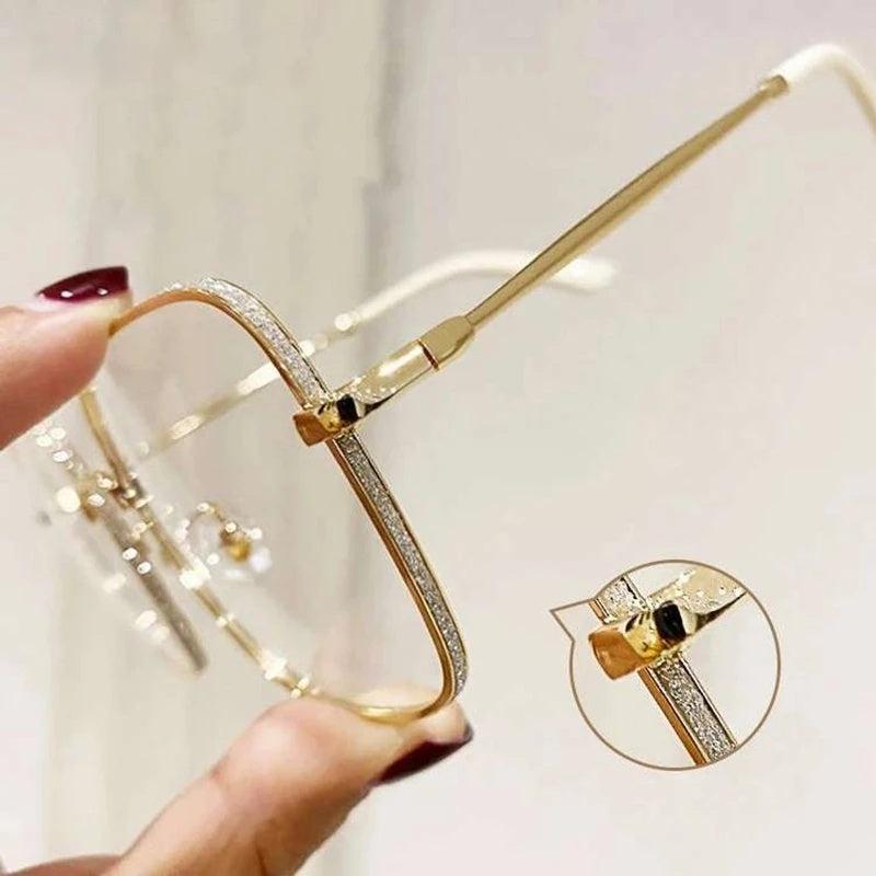 Square Anti Light Glasses Rhinestone Decor Metal Frame