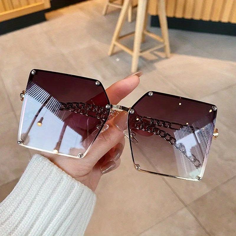 Oversized Square Metal Frame Sunglasses Gradient Lens Chain Temple Glasses UV400